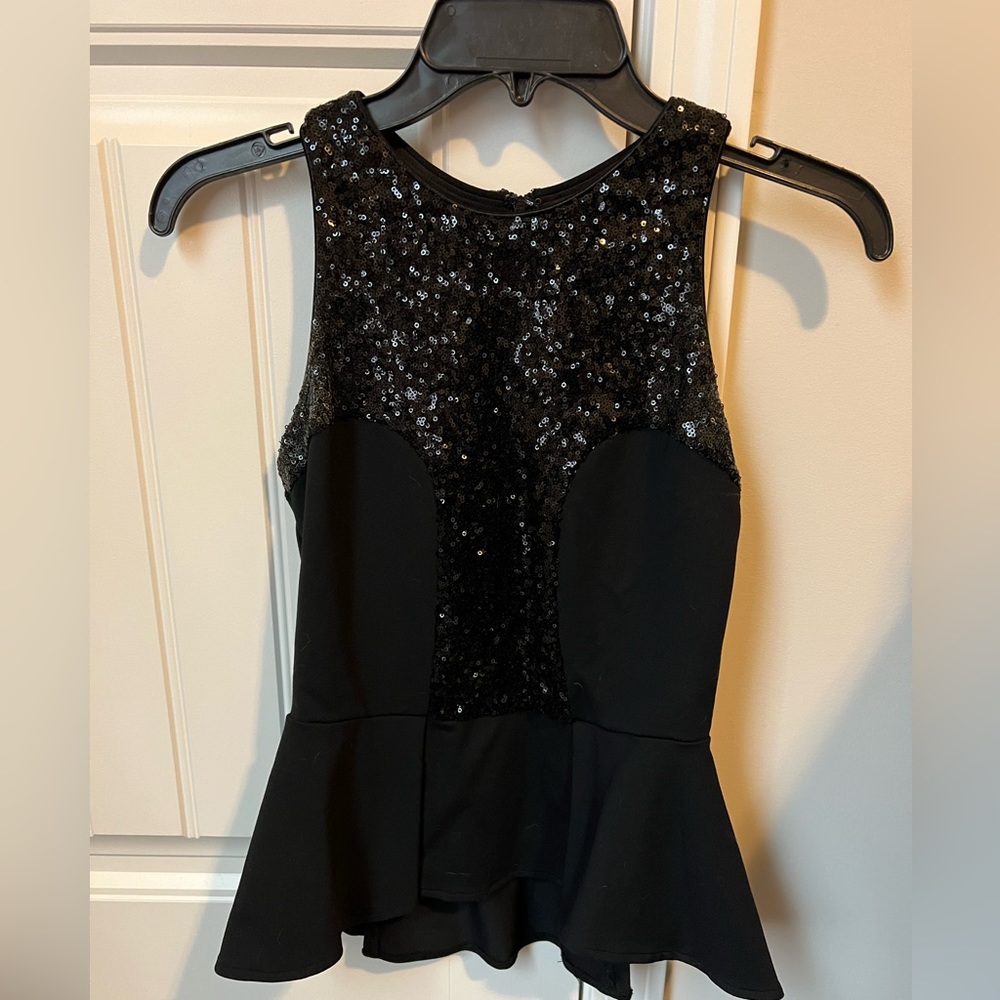Bebe Black Sequin Peplum Top Size Small